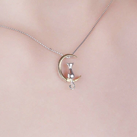 Moon Crescent Cat Sterling Silver Elegant Necklace Pendant - Froppin