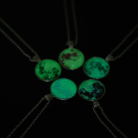 Moon Phases Pendant Necklace, Moon Light Necklace, Full Moon Phase Colors Jewelry, Silver Glowing Moon Pendant, Solar System Space Necklace - Froppin