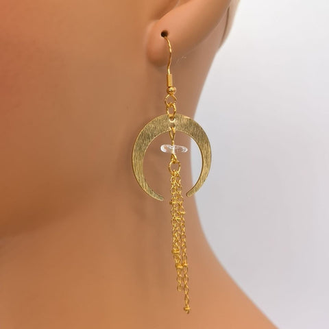 Moon Raw Crystal Earrings, Crescent Minimalist Pink Diamond Earrings, Gold Chain Clear Rough Stone Earrings, Sun Solar System Moon Earrings - Froppin