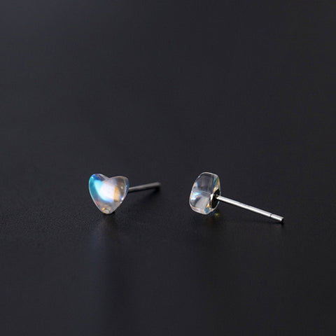 Moonstone Crystal Earrings, Rainbow Heart Moonstone Earrings, Cute Gemstone Studs Minimalist Love Earrings Silver Jewelry S925 Stud Earrings - Froppin