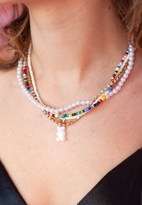 Multicolored Pride Layered Beaded Necklace, Pink White Pearl Rainbow Beads And White Gummy Bear Necklace, Hedonist LGBTQ+ Festival Necklace - Froppin
