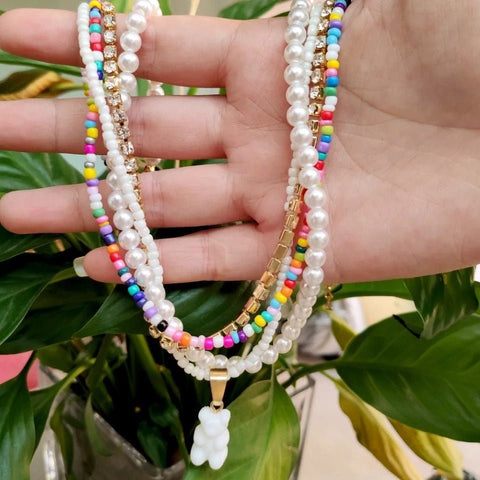 Multicolored Pride Layered Beaded Necklace, Pink White Pearl Rainbow Beads And White Gummy Bear Necklace, Hedonist LGBTQ+ Festival Necklace - Froppin
