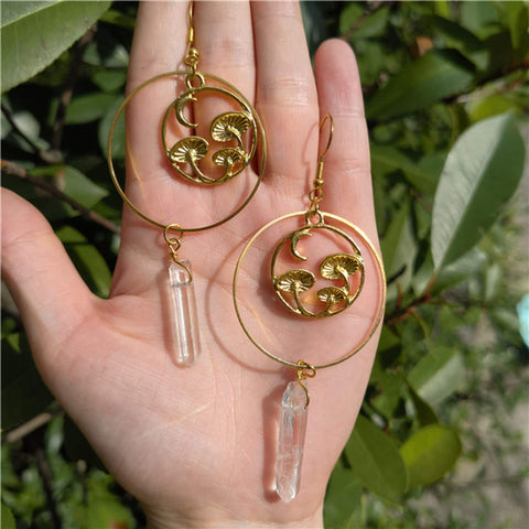 Mushroom Forest Crescent Moon Earrings, Clear Crystal Stone Large Gold Hoops, Circle Hoops Environment Planet Friendly Nature Vegan Earrings - Froppin