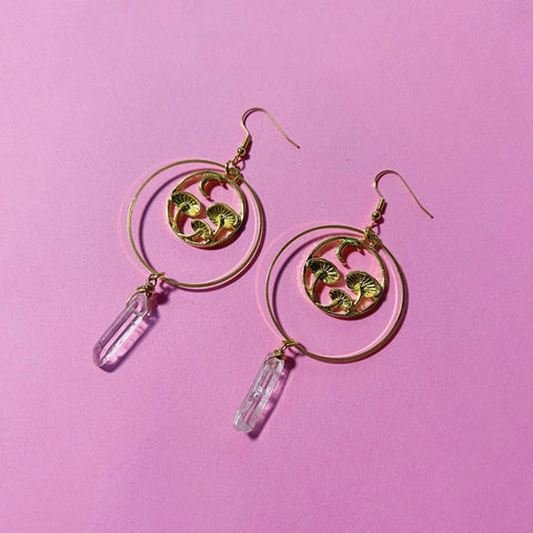Mushroom Forest Crescent Moon Earrings, Clear Crystal Stone Large Gold Hoops, Circle Hoops Environment Planet Friendly Nature Vegan Earrings - Froppin