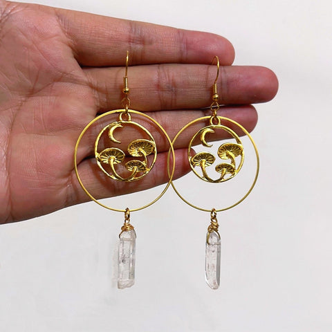 Mushroom Forest Crescent Moon Earrings, Clear Crystal Stone Large Gold Hoops, Circle Hoops Environment Planet Friendly Nature Vegan Earrings - Froppin