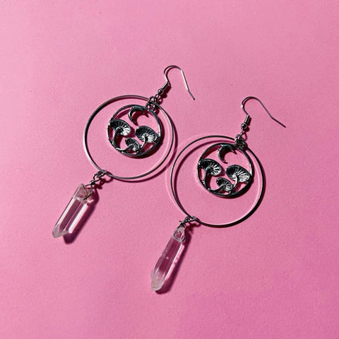 Mushroom Forest Crescent Moon Earrings, Clear Crystal Stone Large Gold Hoops, Circle Hoops Environment Planet Friendly Nature Vegan Earrings - Froppin