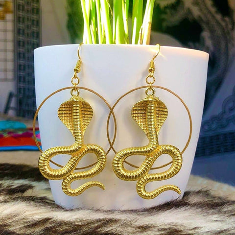 Not Your Pet King Cobra Snake Earrings, Deadly Snake Eating Cobra Earrings, Lethal Slithering Serpent, Gold Scales Reptilian Animal Earrings - Froppin