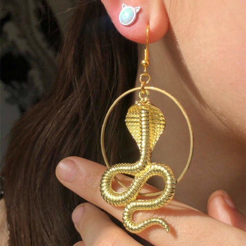 Not Your Pet King Cobra Snake Earrings, Deadly Snake Eating Cobra Earrings, Lethal Slithering Serpent, Gold Scales Reptilian Animal Earrings - Froppin