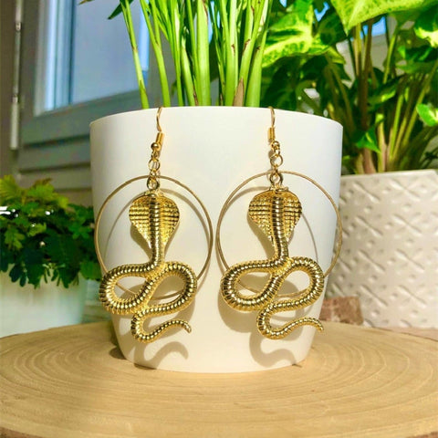 Not Your Pet King Cobra Snake Earrings, Deadly Snake Eating Cobra Earrings, Lethal Slithering Serpent, Gold Scales Reptilian Animal Earrings - Froppin