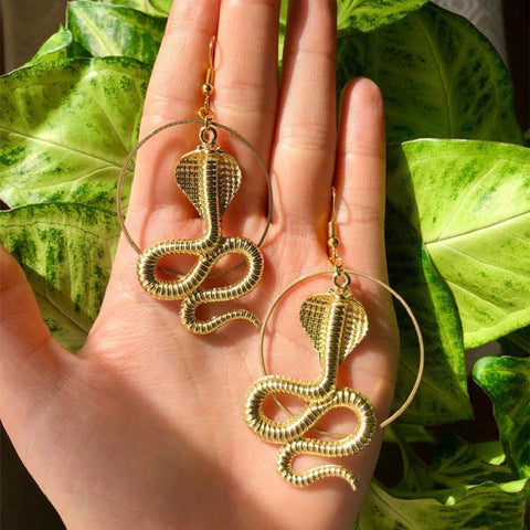 Not Your Pet King Cobra Snake Earrings, Deadly Snake Eating Cobra Earrings, Lethal Slithering Serpent, Gold Scales Reptilian Animal Earrings - Froppin