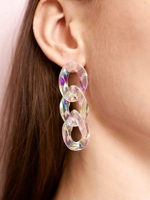 Opal Shine Clear Volumetric Chain Long Light Glow Earrings, Transparent Rainbow Glass-Light Effect Hoop Links, Ring Linked Dangle Earrings - Froppin