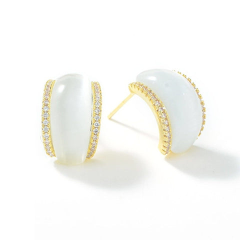 Opal Stud Earrings, Small Gold Curved Earrings, Opal Studs, Gold Stud Earrings, Gold Opal Earrings, Minimalist Opal Earring, Opal Earrings - Froppin