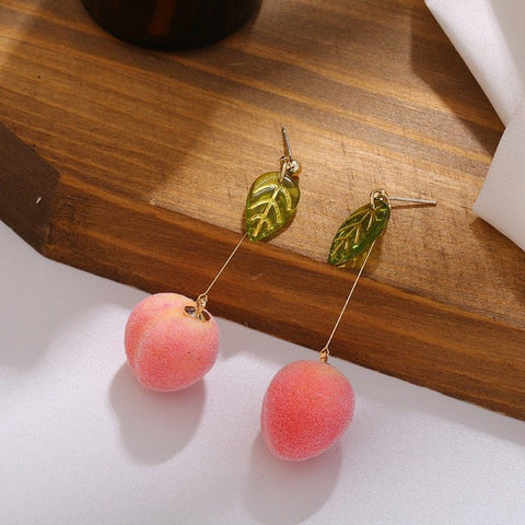 Peach Fruit Sweet Orange Pink Leaf Green Leaves Realistic Food Earrings - Froppin