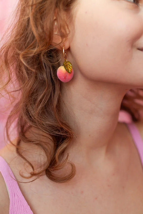 Peach Fruit Sweet Orange Pink Leaf Green Leaves Realistic Food Earrings - Froppin