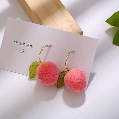 Peach Fruit Sweet Orange Pink Leaf Green Leaves Realistic Food Earrings - Froppin