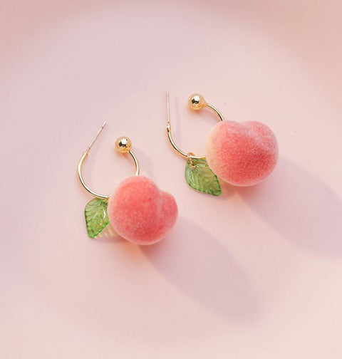 Peach Fruit Sweet Orange Pink Leaf Green Leaves Realistic Food Earrings - Froppin