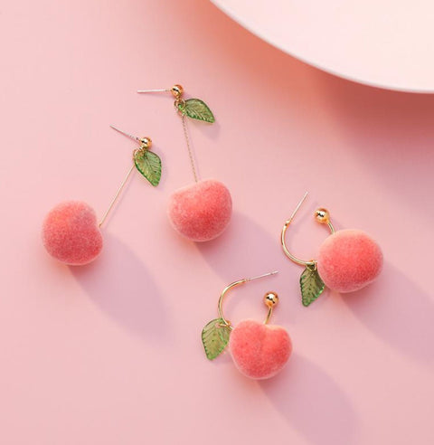 Peach Fruit Sweet Orange Pink Leaf Green Leaves Realistic Food Earrings - Froppin