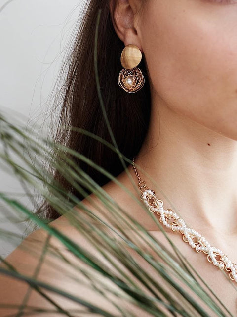 Pearls in Golden Web Dangle Earrings - Froppin