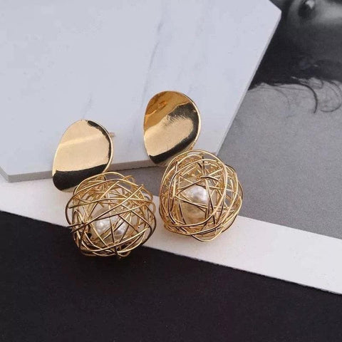 Pearls in Golden Web Dangle Earrings - Froppin