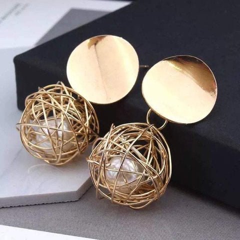 Pearls in Golden Web Dangle Earrings - Froppin