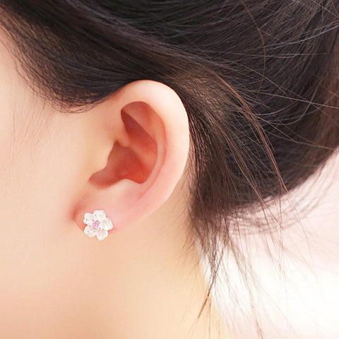 Pink Cherry Blossom Flower Stud Earrings, 925 Petal Stone Earrings, Minimalist Earring, Tiny Studs, Floral Earrings, Crystal Flower Earrings - Froppin
