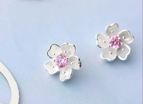 Pink Cherry Blossom Flower Stud Earrings, 925 Petal Stone Earrings, Minimalist Earring, Tiny Studs, Floral Earrings, Crystal Flower Earrings - Froppin