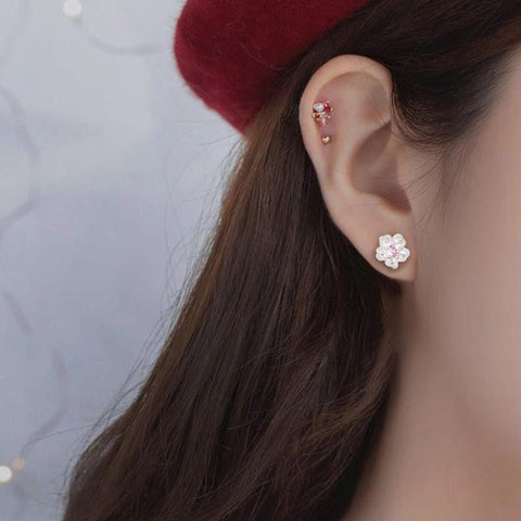 Pink Cherry Blossom Flower Stud Earrings, 925 Petal Stone Earrings, Minimalist Earring, Tiny Studs, Floral Earrings, Crystal Flower Earrings - Froppin