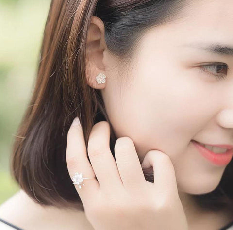Pink Cherry Blossom Flower Stud Earrings, 925 Petal Stone Earrings, Minimalist Earring, Tiny Studs, Floral Earrings, Crystal Flower Earrings - Froppin