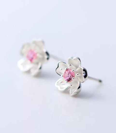 Pink Cherry Blossom Flower Stud Earrings, 925 Petal Stone Earrings, Minimalist Earring, Tiny Studs, Floral Earrings, Crystal Flower Earrings - Froppin