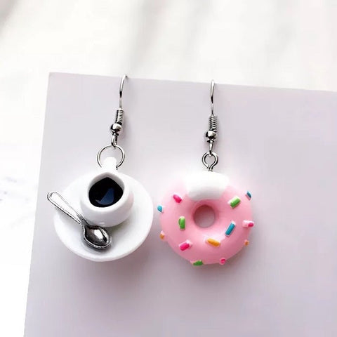 Pink Donut and Coffee Dangle Food and Drinks Cute Dangle Earrings - Froppin