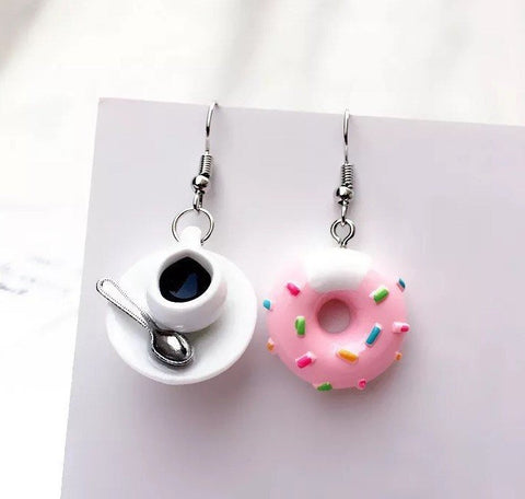 Pink Glazed Donut Earrings, Black Coffee Food Earrings, Morning Coffee Dessert Sprinkled Donut Earrings, Spoon Cup Cutlery Cooking Earrings - Froppin