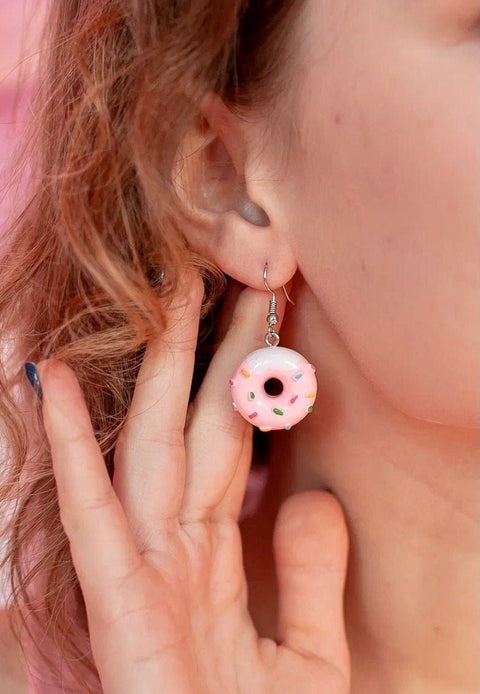 Pink Glazed Donut Earrings, Black Coffee Food Earrings, Morning Coffee Dessert Sprinkled Donut Earrings, Spoon Cup Cutlery Cooking Earrings - Froppin