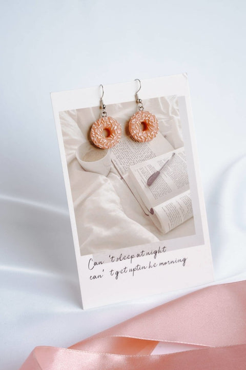 Pink Glazed Donuts Earrings, Sweet White Sprinkled Cream Topped Baked Earrings, Strawberry Earrings, Foodie Earrings, Dessert Hoops Earrings - Froppin