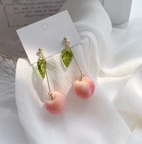 Pink Peach Earrings • Peach Earring in Long And Short Stems • Dangle Earrings • Food Earrings • Fruit Earrings • Elegant Cute Gift - Froppin