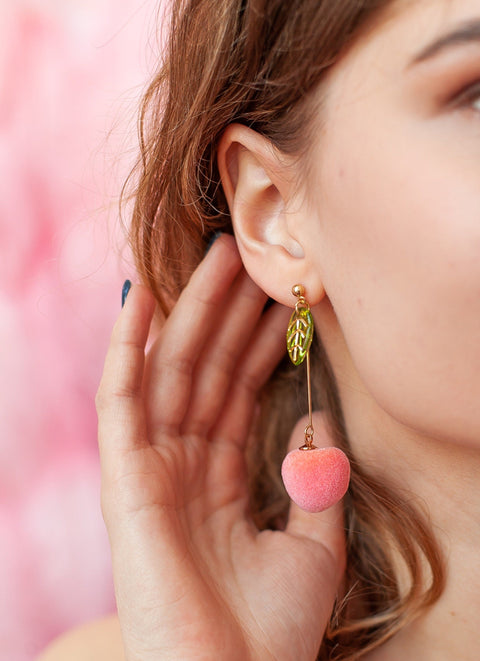 Pink Peach Earrings • Peach Earring in Long And Short Stems • Dangle Earrings • Food Earrings • Fruit Earrings • Elegant Cute Gift - Froppin