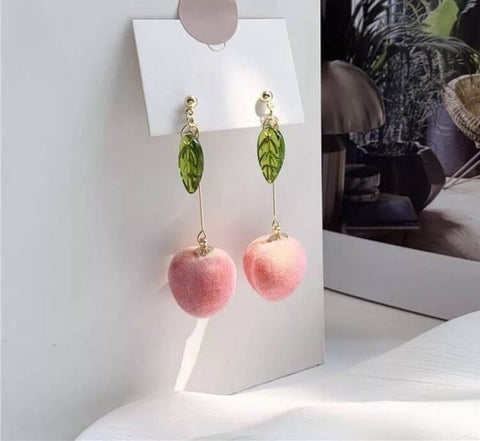 Pink Peach Earrings • Peach Earring in Long And Short Stems • Dangle Earrings • Food Earrings • Fruit Earrings • Elegant Cute Gift - Froppin