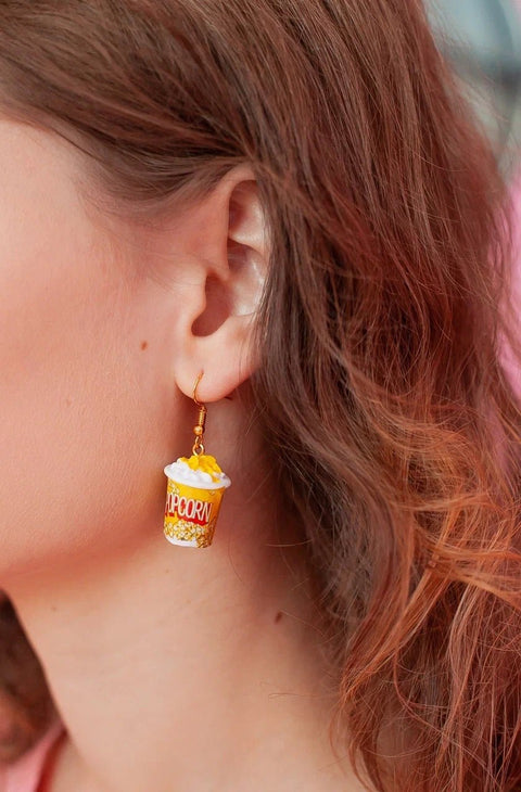 Popcorn Basket Yellow Funny Realistic Food Cinema Quirky Earrings - Froppin