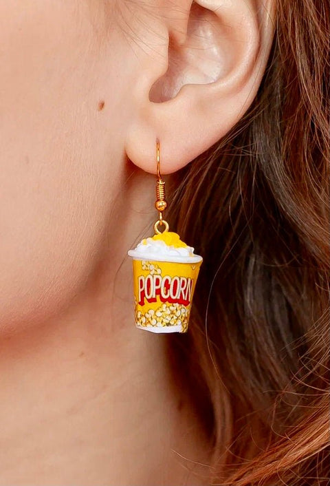 Popcorn Basket Yellow Funny Realistic Food Cinema Quirky Earrings - Froppin
