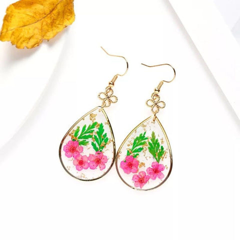 Pressed Flowers Earrings, Dried Leaves Summer Flowers Dangle Earrings, Botanical Glass Blooming Boho Earrings, Clear Dry Epoxy Resin Floral - Froppin