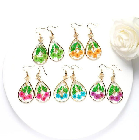 Pressed Flowers Earrings, Dried Leaves Summer Flowers Dangle Earrings, Botanical Glass Blooming Boho Earrings, Clear Dry Epoxy Resin Floral - Froppin