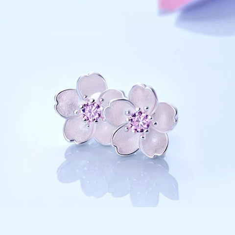 Purple Cherry Blossom Flower Stud Earrings, Stone Petal Earrings, Minimalist Earrings, 925 Silver Floral Earrings, Crystal Flower Earrings - Froppin