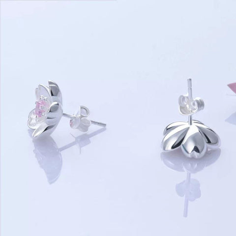 Purple Cherry Blossom Flower Stud Earrings, Stone Petal Earrings, Minimalist Earrings, 925 Silver Floral Earrings, Crystal Flower Earrings - Froppin