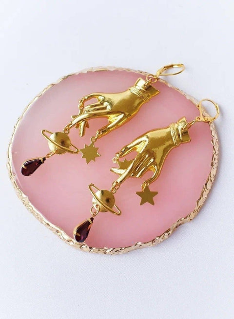 Purple Crystal Hand Palm Gold Long Light Magic Drop Earrings - Froppin