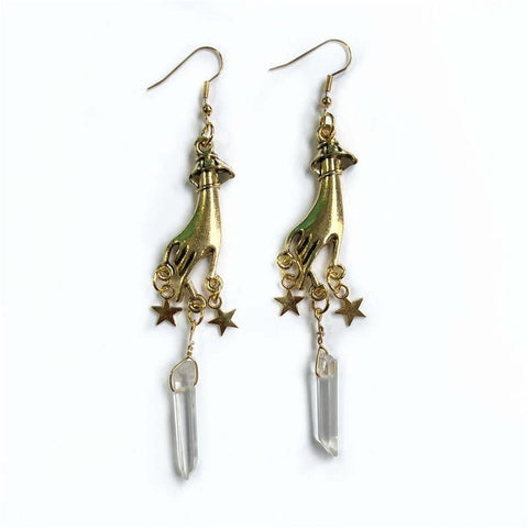 Purple Crystal Hand Palm Gold Long Light Magic Drop Earrings - Froppin