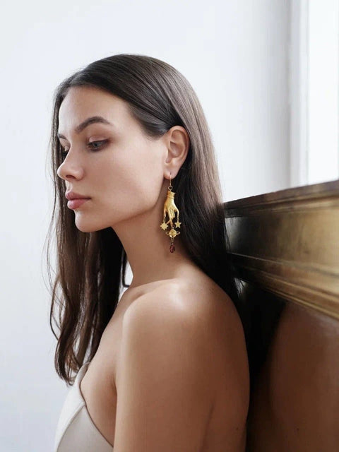 Purple Crystal Hand Palm Gold Long Light Magic Drop Earrings - Froppin