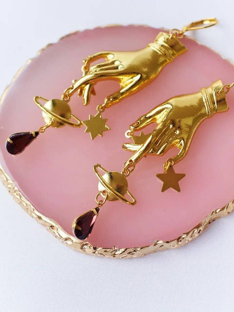 Purple Crystal Hand Palm Gold Long Light Magic Drop Earrings - Froppin