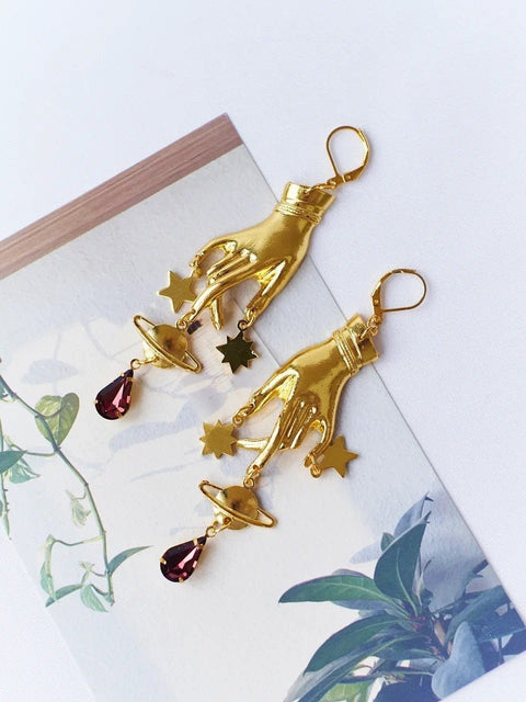 Purple Crystal Hand palm Gold long Light Magic exoteric Astrology Drop Earrings - Froppin