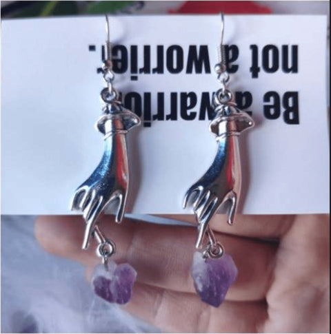 Purple Stone Hands Necklace, Palms Violet Raw Stone Jewels Witch Bruja Hunt Dangle Necklace, Silver Stranger Danger Femme Fatale Necklace - Froppin