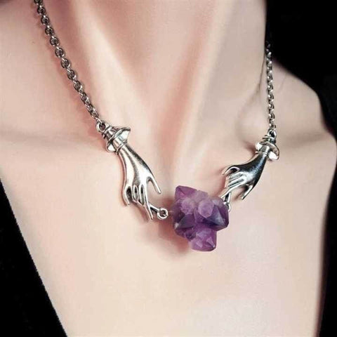 Purple Stone Hands Necklace, Palms Violet Raw Stone Jewels Witch Bruja Hunt Dangle Necklace, Silver Stranger Danger Femme Fatale Necklace - Froppin