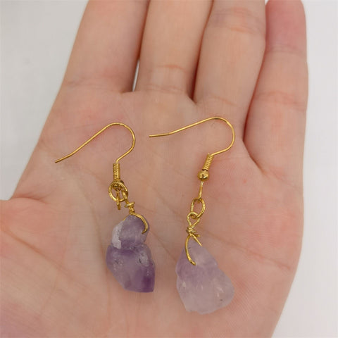Raw Amethyst Earrings, Purple Stone Earrings, Raw Crystal Earrings, Birthstone Gold Gemstone Earrings, Tiny Clear Minimalist Dangle Earrings - Froppin